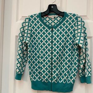 Boden Teal & Cream Cotton/Viscose Patterned Zip Cardigan w/ 3/4 sleeves. Size 8.